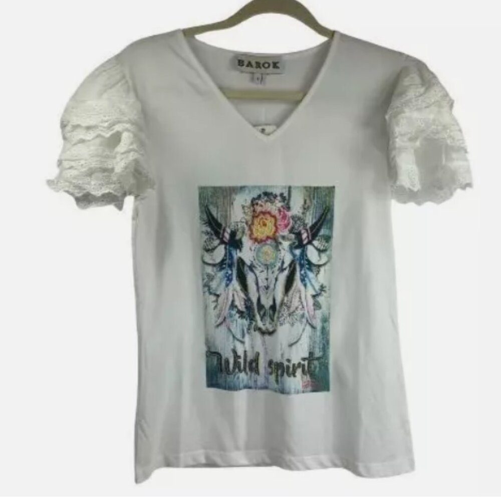 Barok Paris Wild Spirit Graphic Beaded T-Shirt Ruffle Short Sleeves Size S NWT